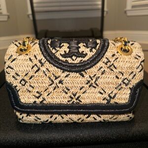 Tory Burch Women's Fleming Soft Straw Shoulder Bag  in Natural/Black